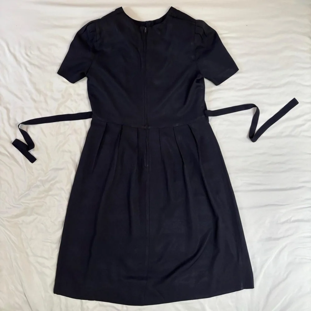 Navy Floral Embroidery Midi Dress w/‎ Button Down Bodice VTG 80s/90s S/M